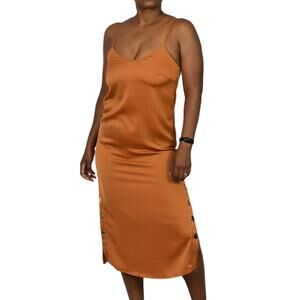 YAS Slip Dress Orange Button Snap Midi Silky Satin ASOS Shiny Slipdress Size XS